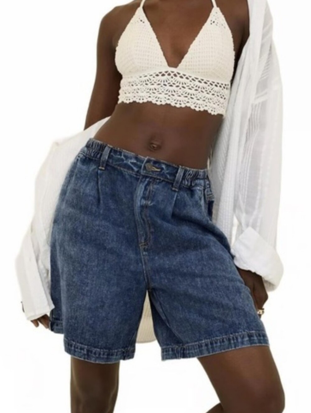 aerie Oversized Elastic Waist Denim Trouser Shorts Bermudas, Size Medium, Baggy